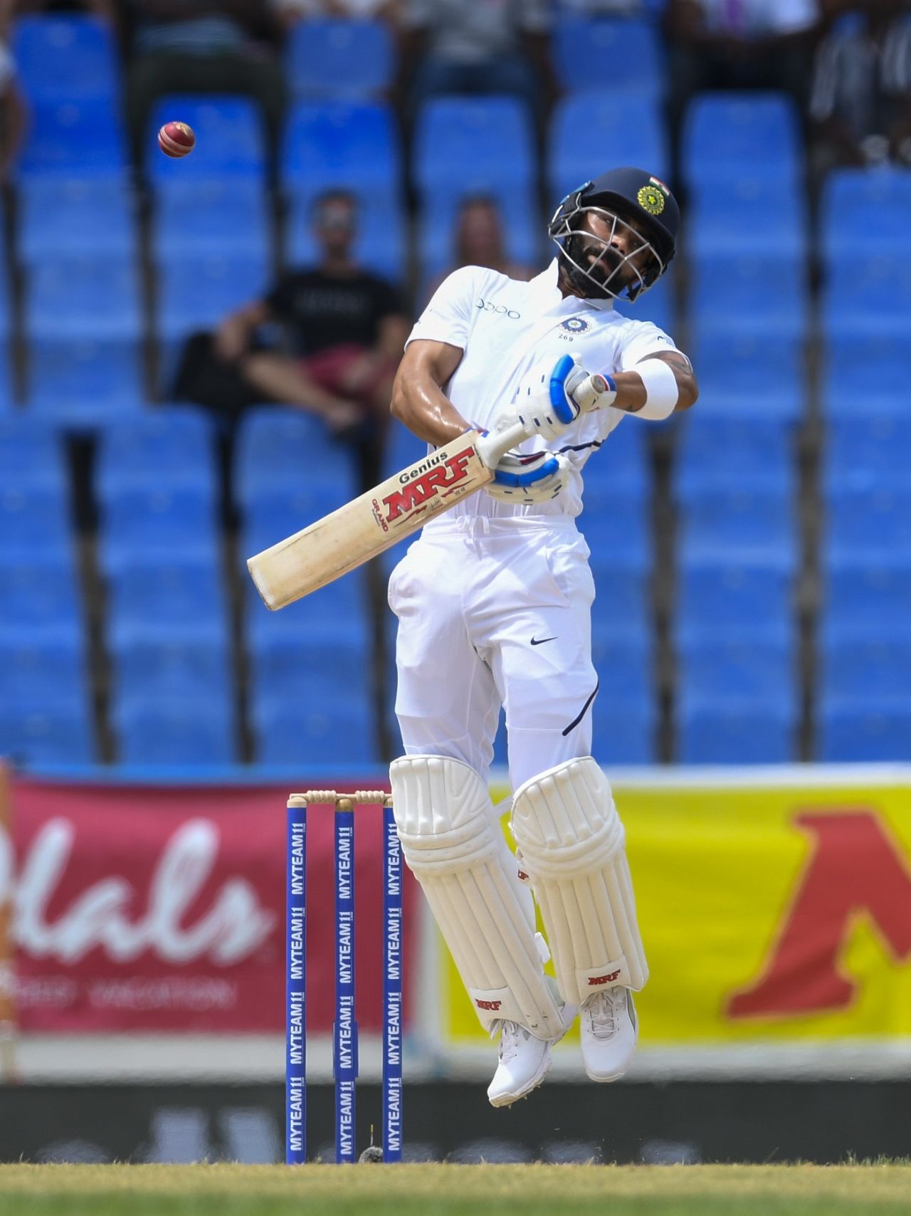 Virat Kohli sways away from a delivery, West Indies v India, 1st Test, North Sound, 1st day, August 22, 2019
