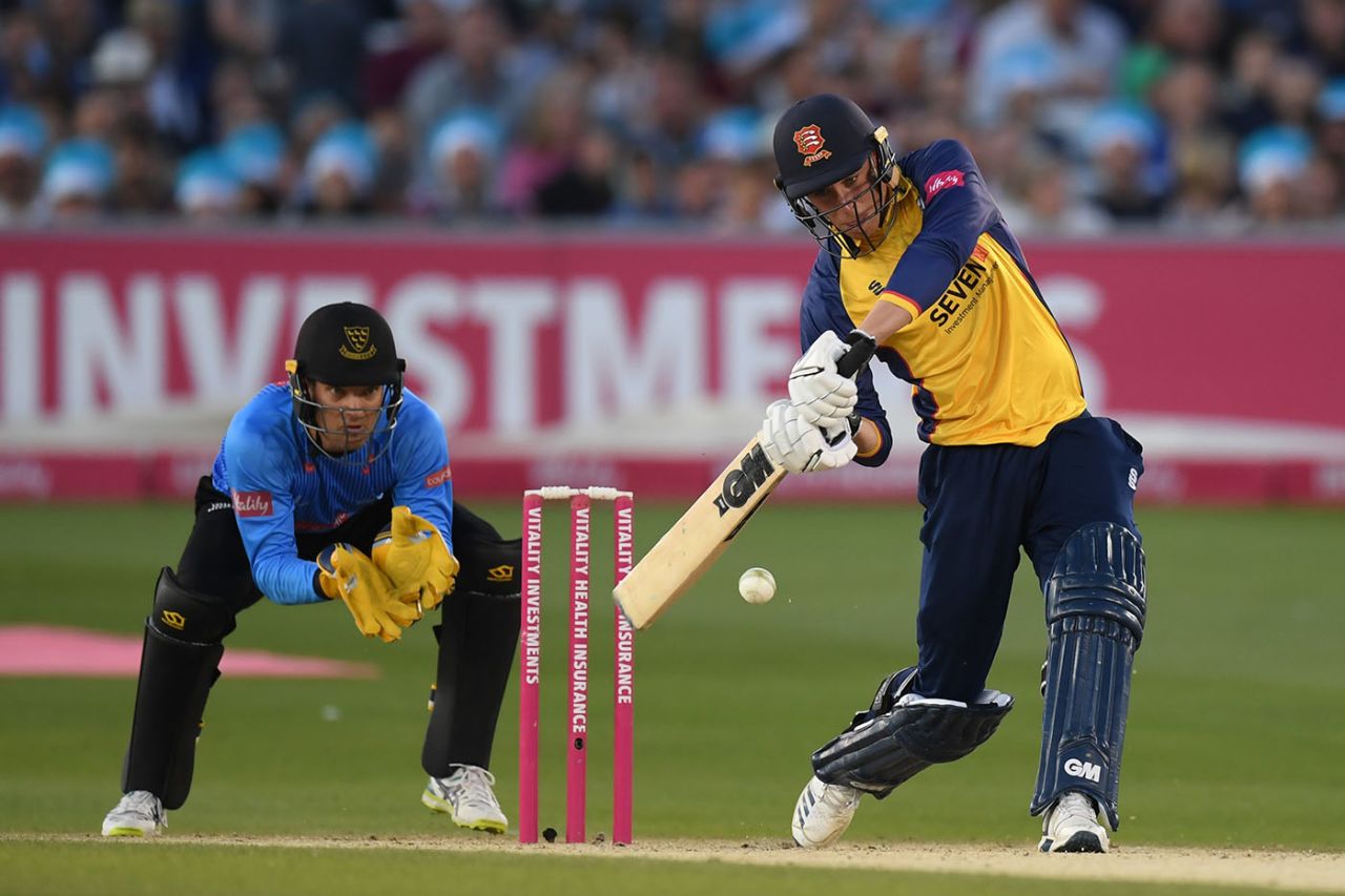 Dan Lawrence prepares to launch one over the off side, Sussex v Essex, Vitality Blast, Hove, August 22, 2019