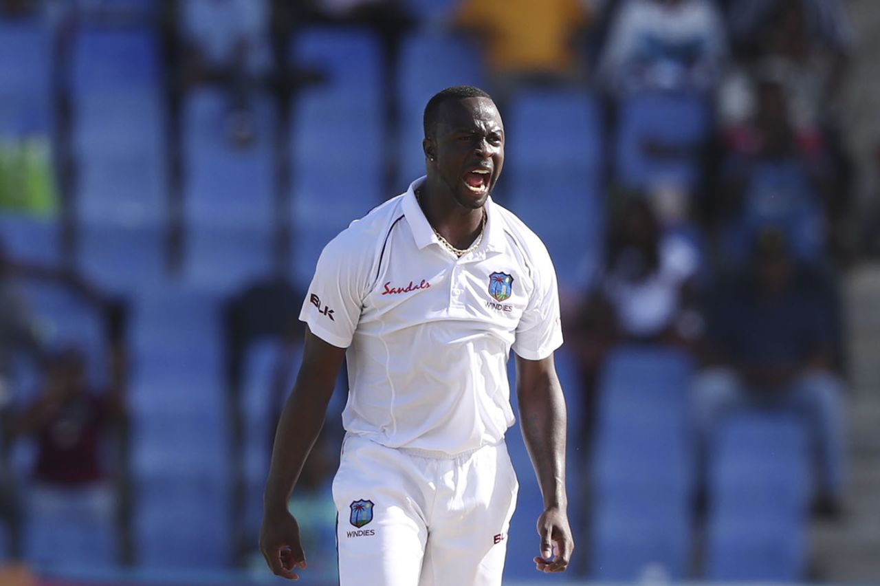 Kemar Roach celebrates a wicket, West Indies v India, 1st Test, North Sound, 1st day, August 22, 2019