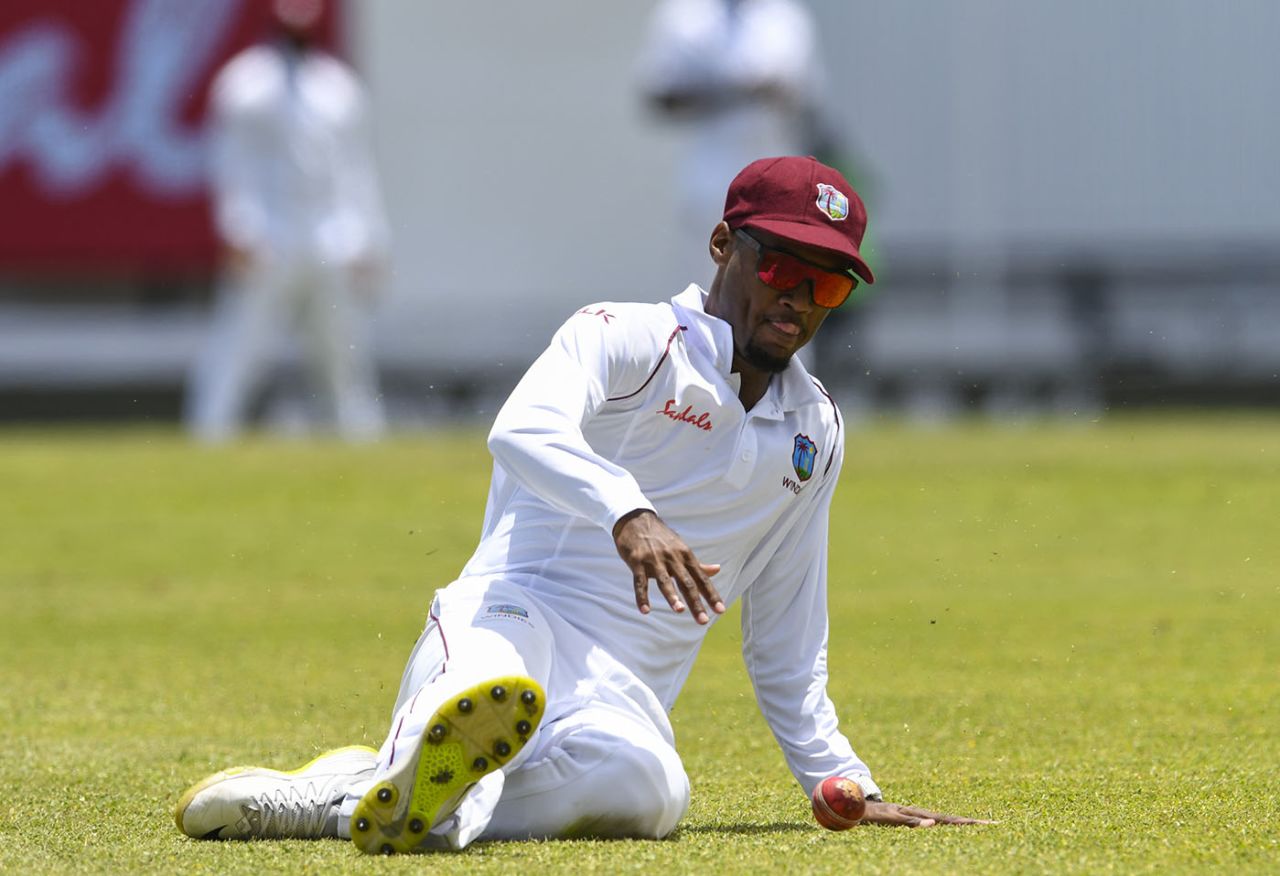 Kraigg Brathwaite tries to stop a ball, West Indies v India, 1st Test, North Sound, 1st day, August 22, 2019