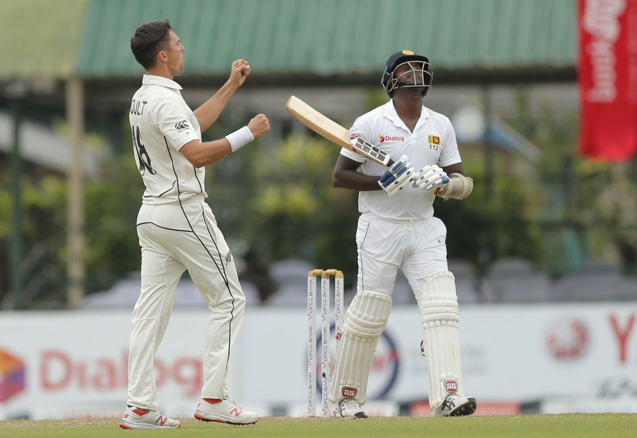Ecstasy and agony: Trent Boult celebrates the wicket of Angelo Mathews, Sri Lanka v New Zealand, 2nd Test, Colombo, 2nd day, August 23, 2019
