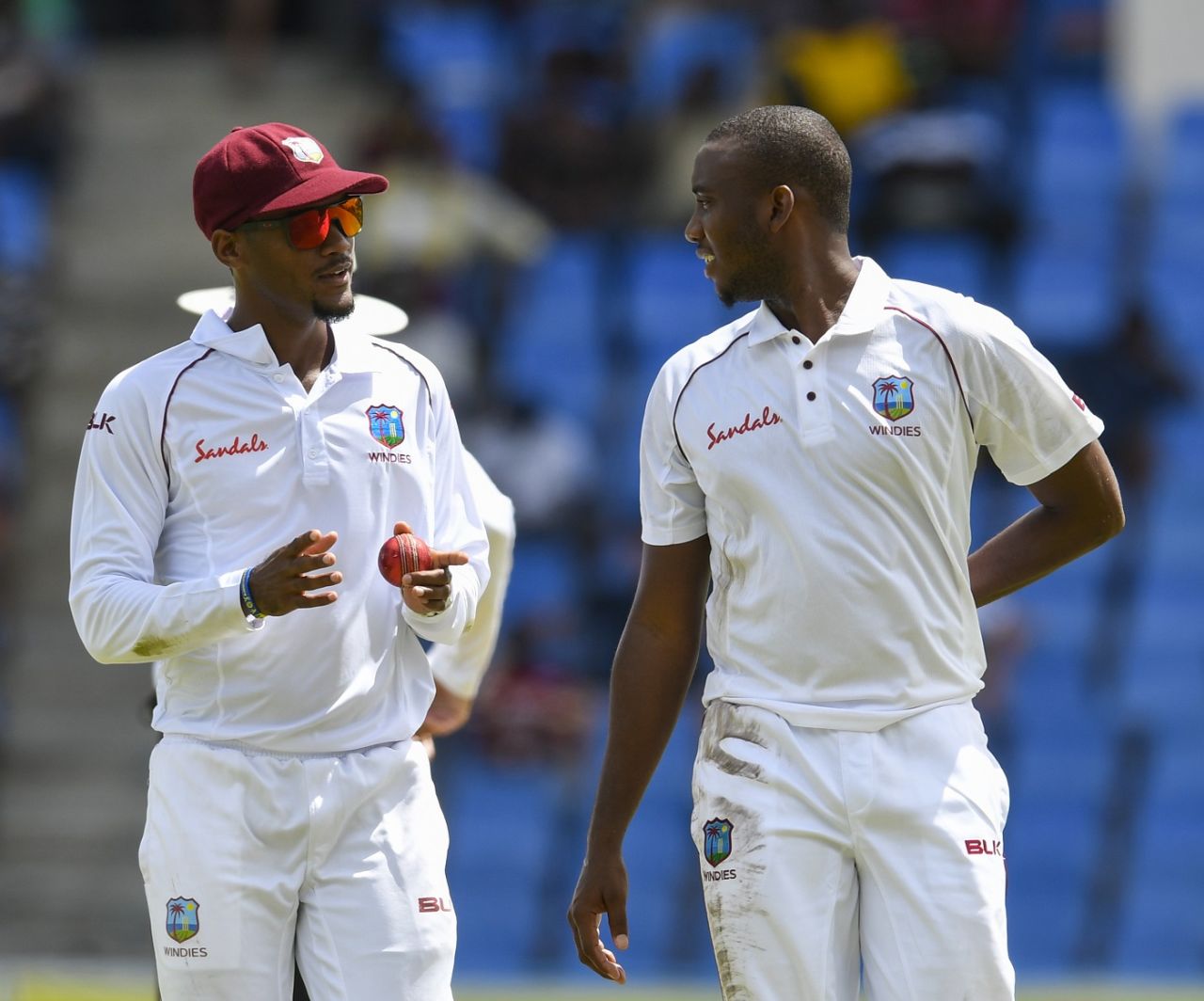 Kraigg Brathwaite and Miguel Cummins hatch a plan, West Indies v India, 1st Test, North Sound, 1st day, August 22, 2019