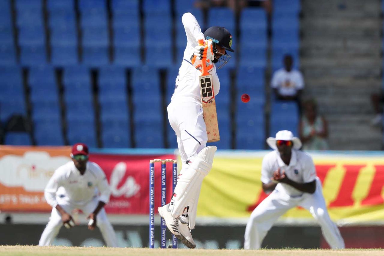 Ravindra Jadeja fends at a short ball, West Indies v India, 1st Test, North Sound, 2nd day, August 23, 2019