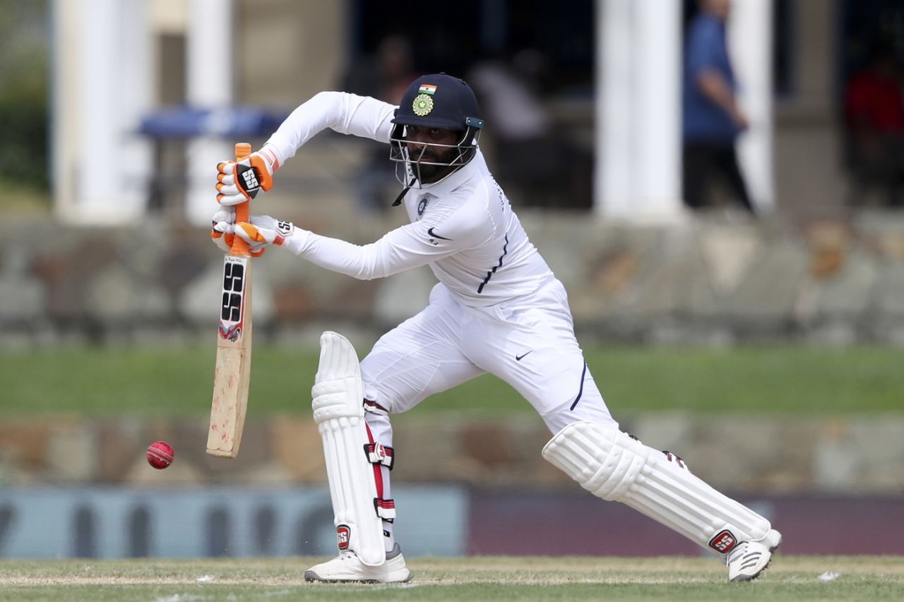Ravindra Jadeja plays one on the off side, West Indies v India, 1st Test, North Sound, 2nd day, August 23, 2019