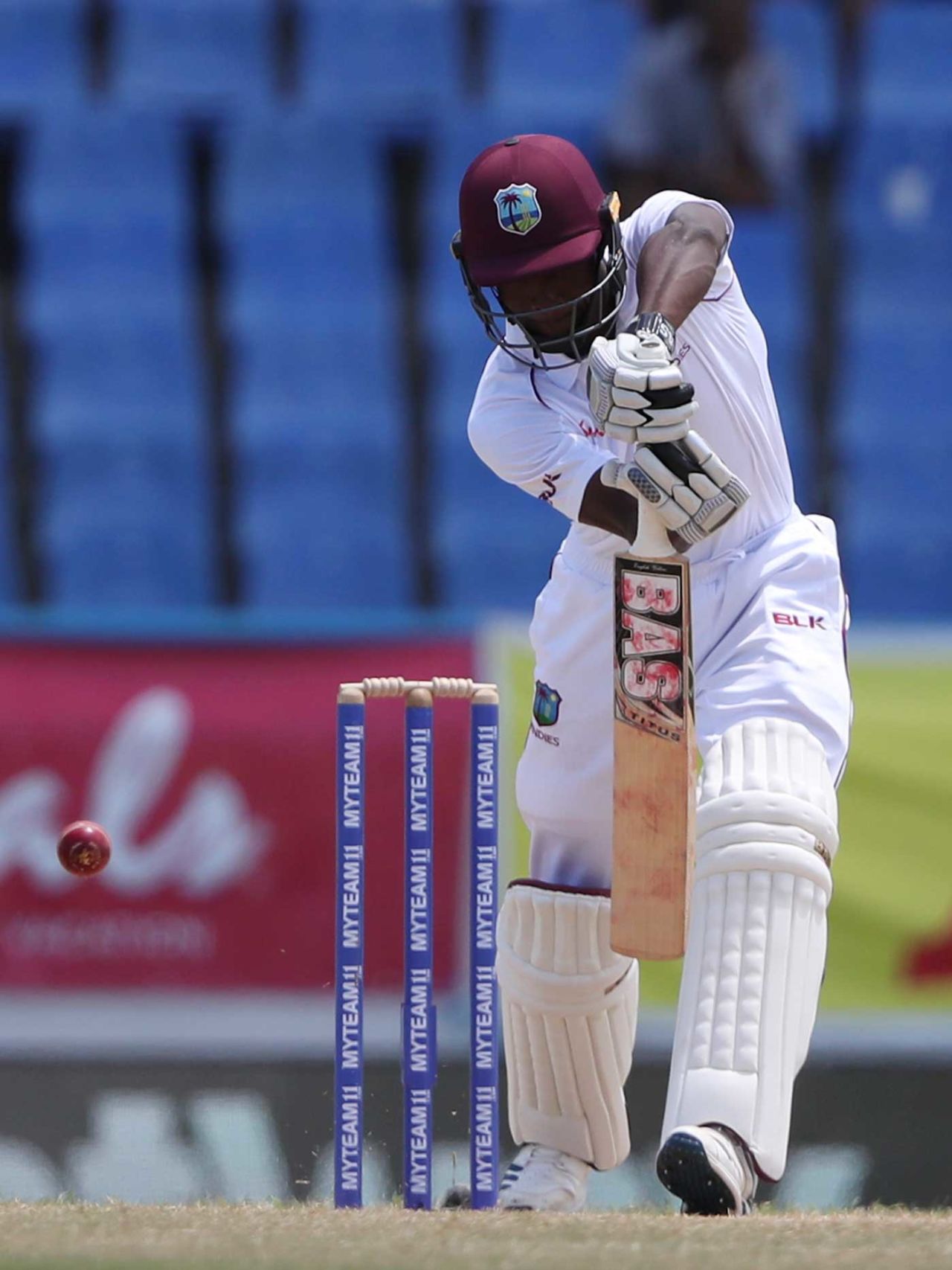 Shamarh Brooks gets behind the line to defend, West Indies v India, 1st Test, North Sound, 2nd day, August 23, 2019
