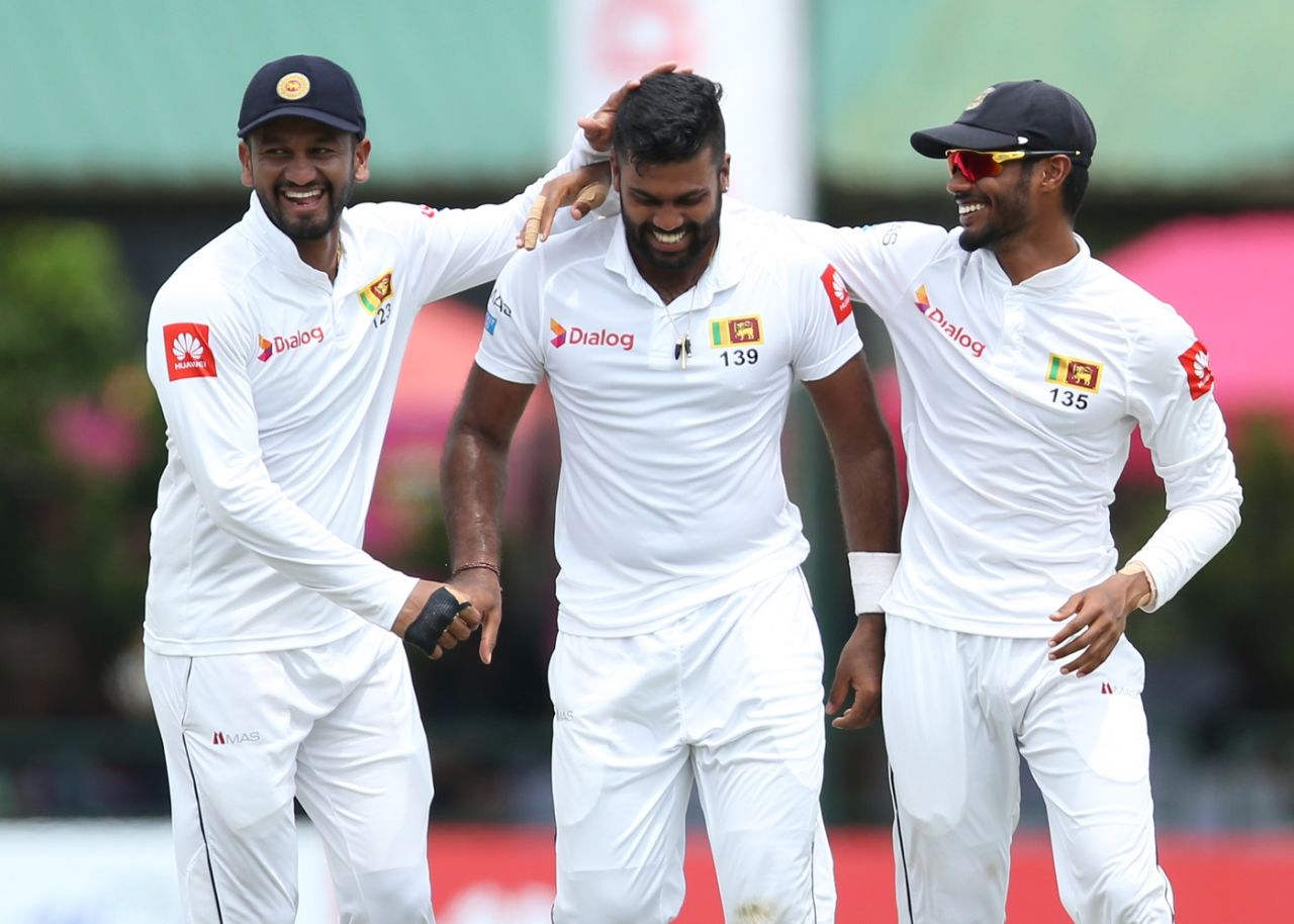 Dilruwan Perera is congratulated after picking up a wicket, Sri Lanka v New Zealand, 2nd Test, Colombo, 3rd day, August 24, 2019