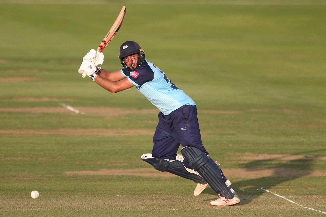 Jack Leaning whips off his pads, Durham v Yorkshire, Vitality Blast, North Group, August 23, 2019