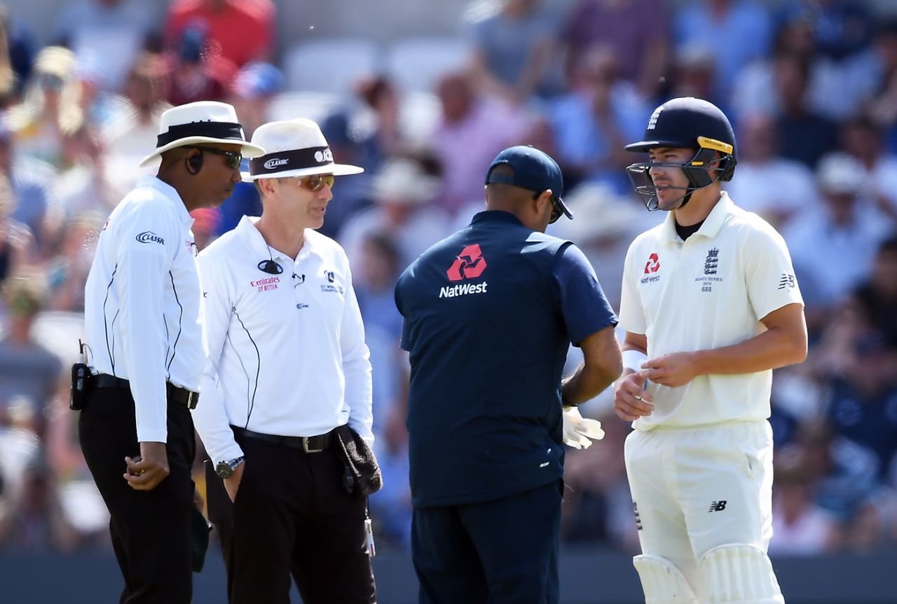 Rory Burns received some treatment for a blow on the fingers, England v Australia, 3rd Ashes Test, Headingley, August 24, 2019