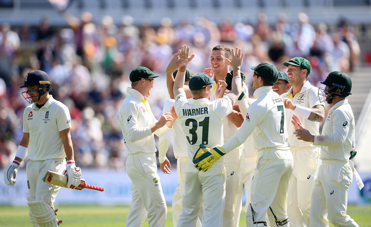Josh Hazlewood celebrates with his team-mates after dismissing Rory Burns, England v Australia, 3rd Ashes Test, Headingley, August 24, 2019
