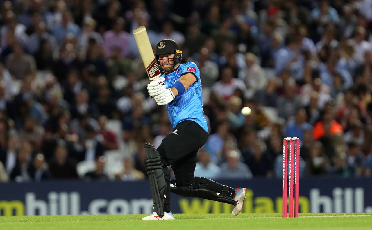 Laurie Evans swings one into the leg side, Sussex v Surrey, Vitality Blast, South Group, Hove, July 26, 2019