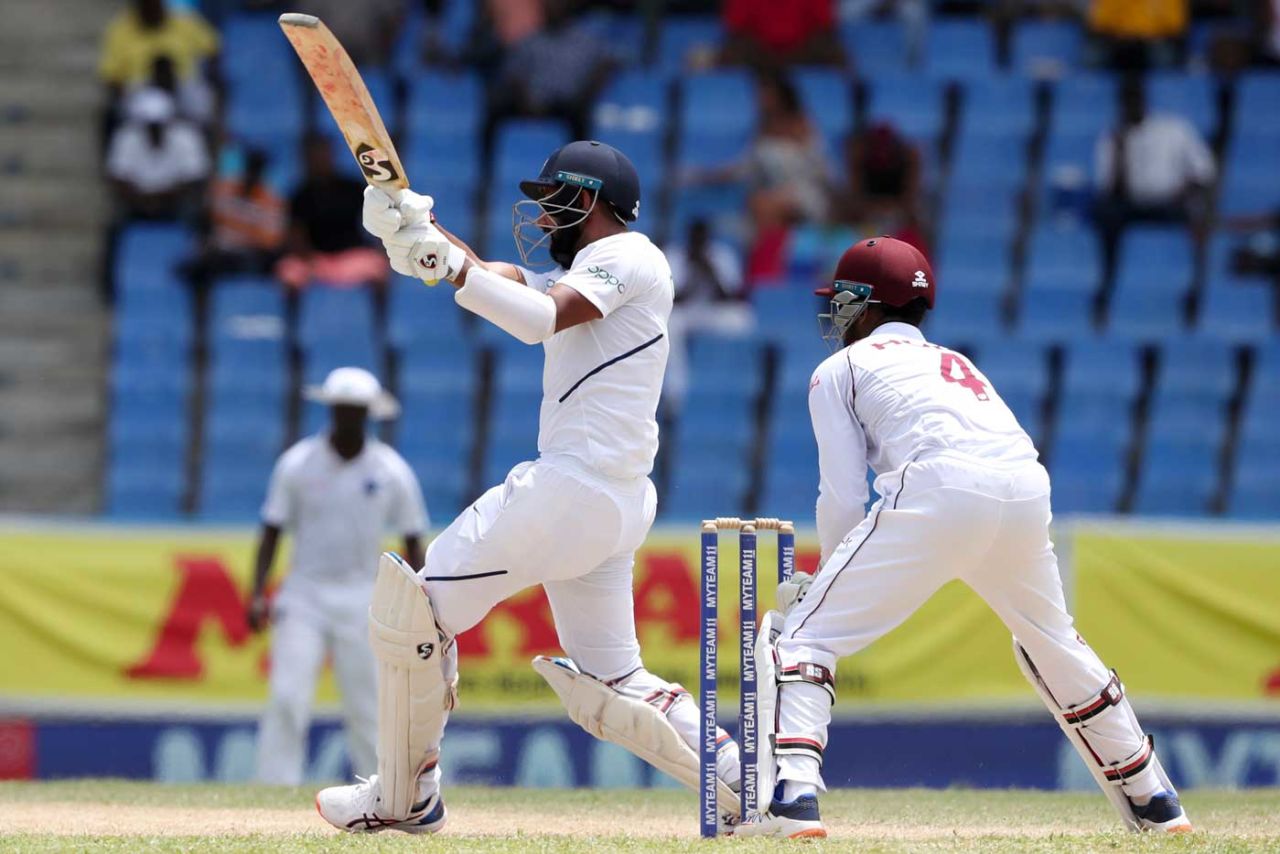 Cheteshwar Pujara plays a pull shot, West Indies v India, 1st Test, North Sound, 3rd day, August 24, 2019