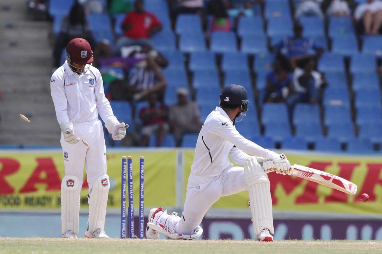 KL Rahul is bowled attempting the sweep, West Indies v India, 1st Test, North Sound, 3rd day, August 24, 2019