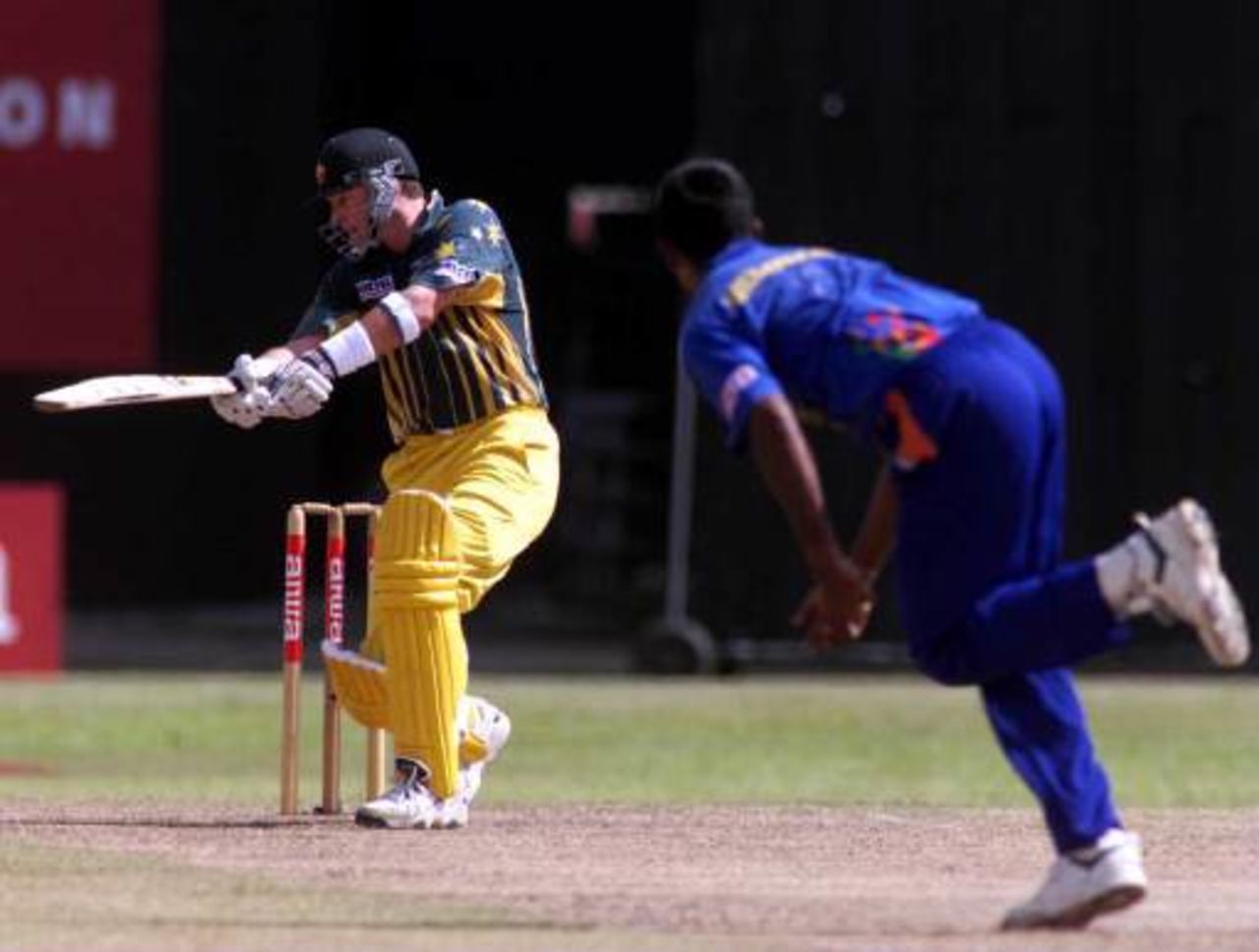 31st August 1999: Mark Waugh of Australia drives a ball off Pramodya Wickremasinghe of Sri Lanka, during the one day Final at Premadasa Stadium, Colombo, Sri Lanka.