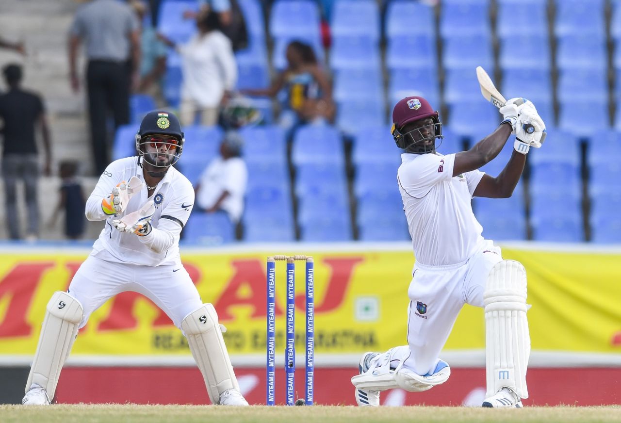 Kemar Roach goes for the big one, West Indies v India, 1st Test, Antigua, Day 4, August 25, 2019