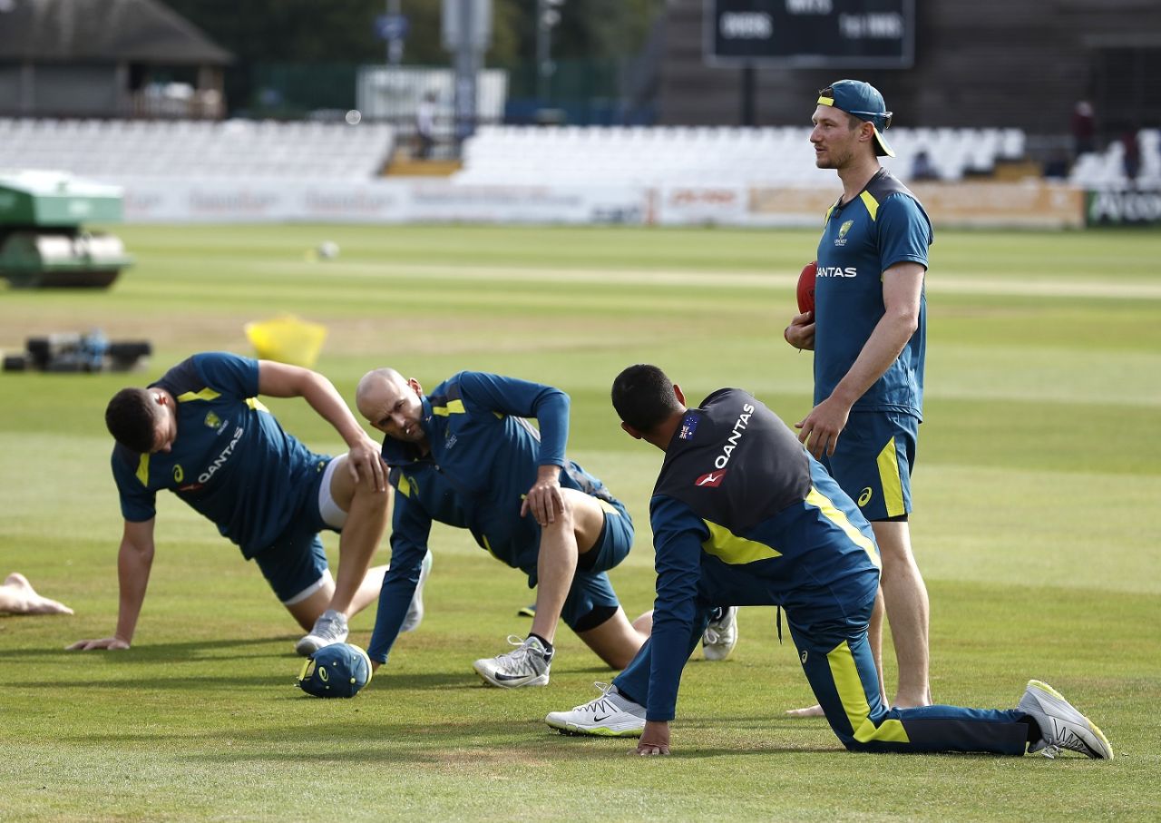 Cameron Bancroft instructs his team-mates during a yoga session, Derby, August 28, 2019