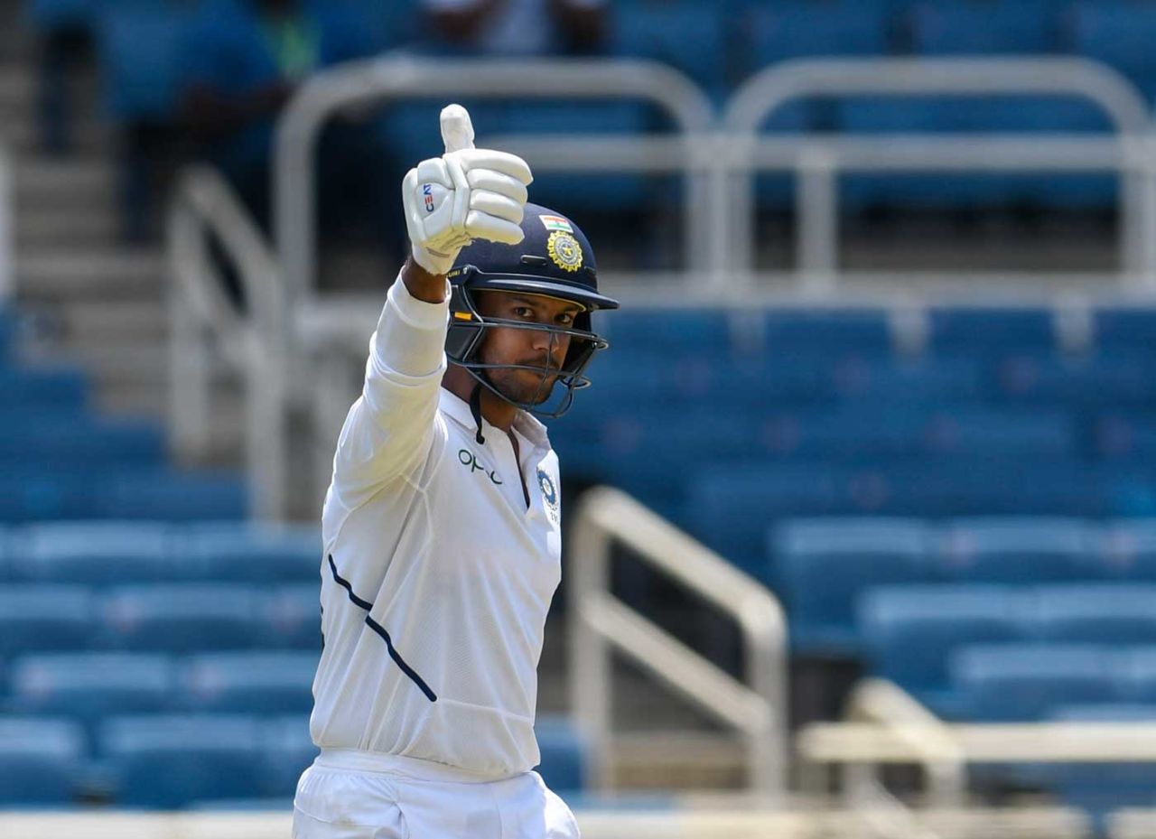 Mayank Agarwal acknowledges the claps from the dressing room, West Indies v India, 2nd Test, Kingston, August 30, 2019
