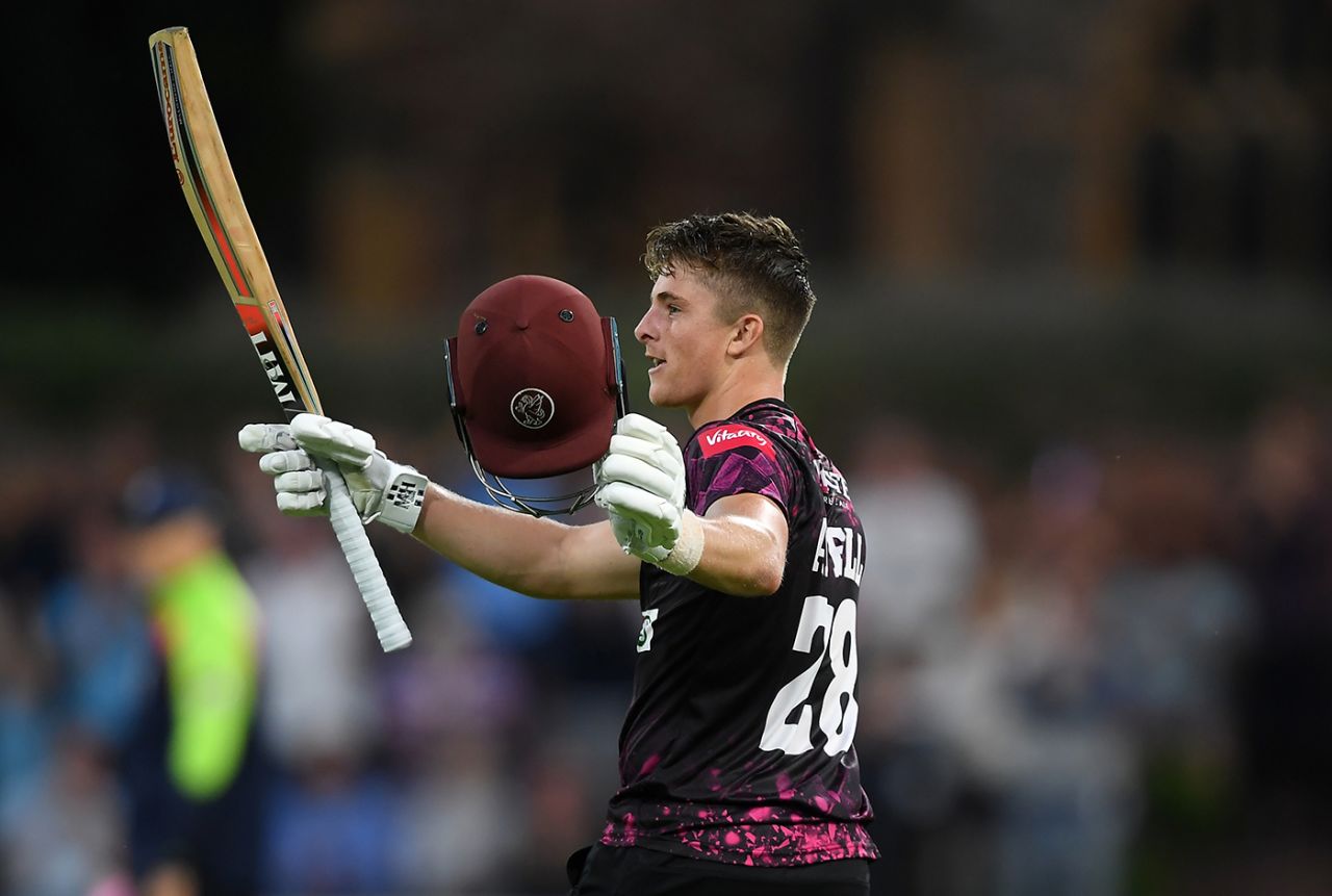 Tom Abell celebrates his maiden century, Somerset v Middlesex, Vitality Blast, South Group, Taunton, August 30, 2019