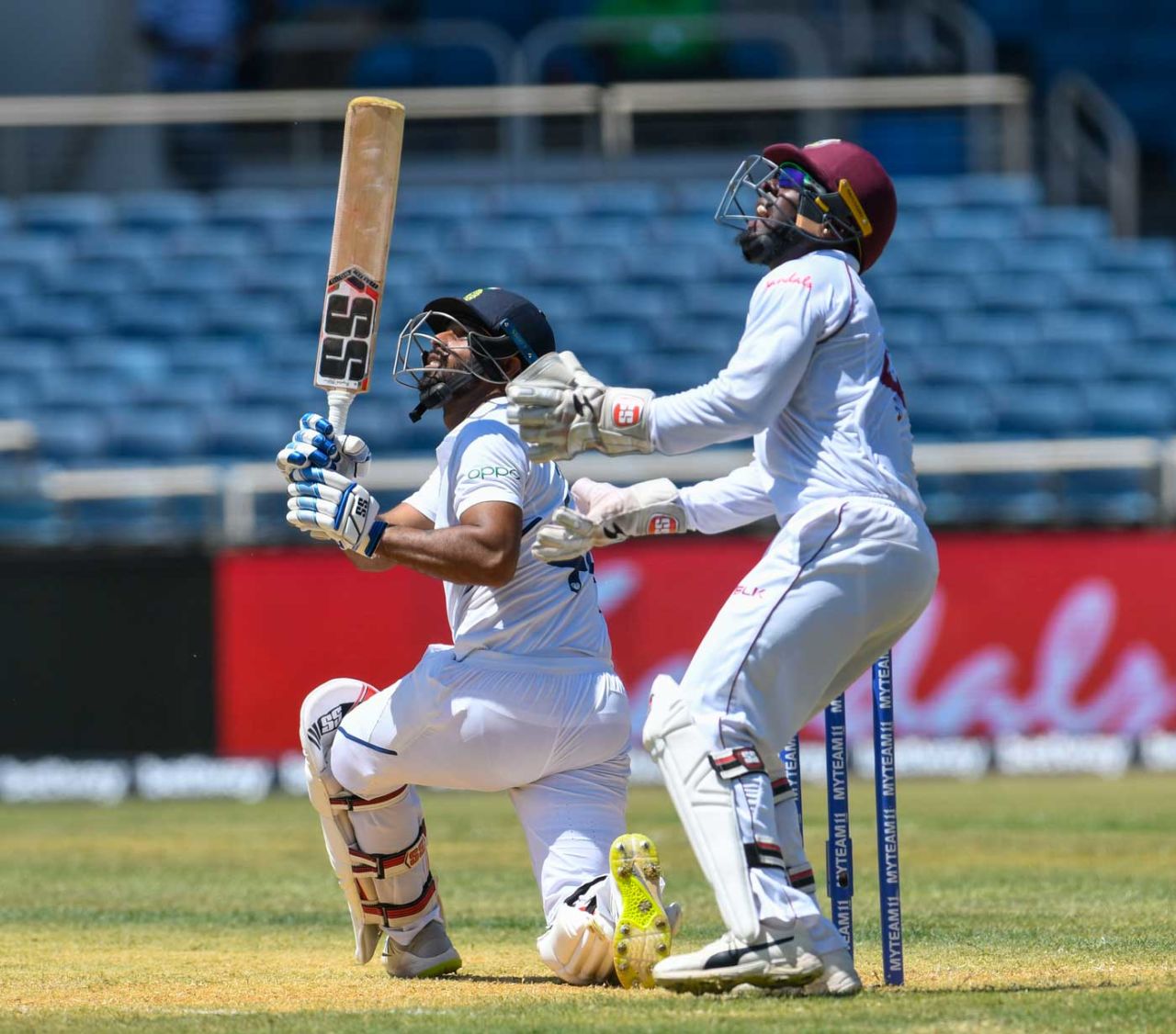 Hanuma Vihari looks skywards after getting a top edge, West Indies v India, 2nd Test, Kingston, 1st day, August 31, 2019