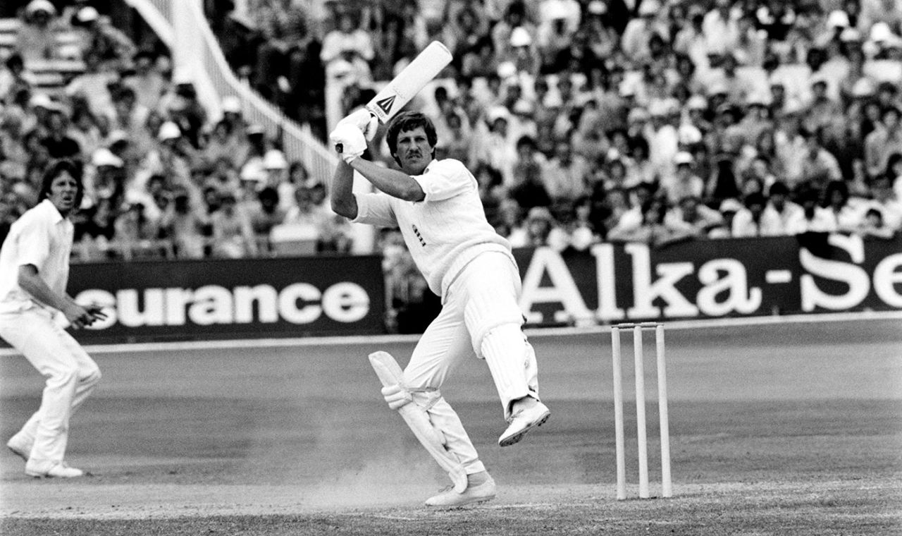Ian Botham plays a shot behind the wicket off Jeff Thomson, England v Australia, 4th Test, 2nd day, Headingley, August 12, 1977