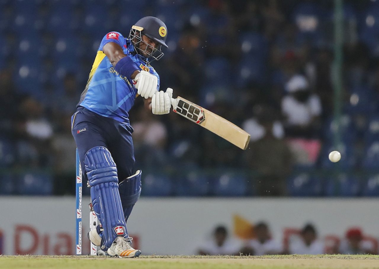 Kusal Perera slams the ball down the ground, Sri Lanka v New Zealand, 1st T20I, Pallekele, September 1, 2019