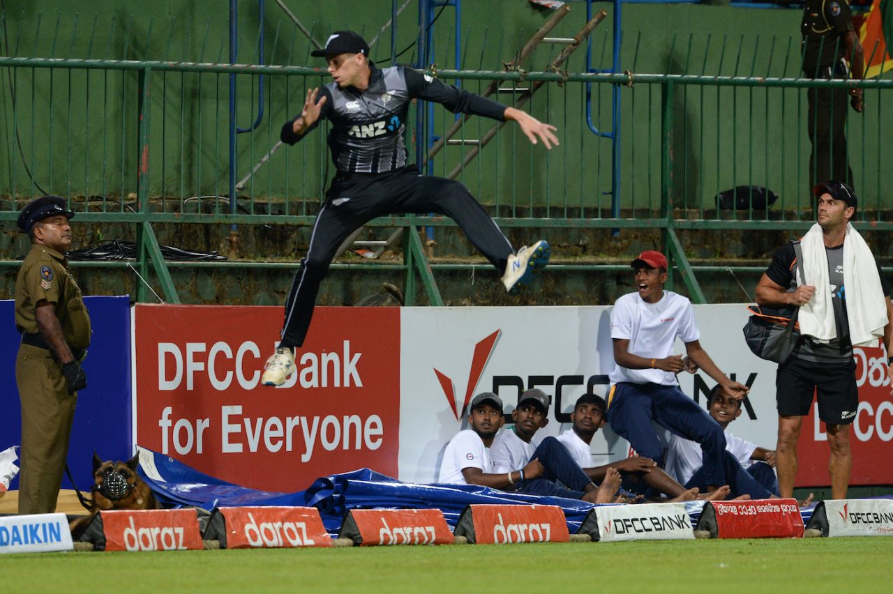 Mitchell Santner leaps in vain, Sri Lanka v New Zealand, 1st T20I, Pallekele, September 1, 2019