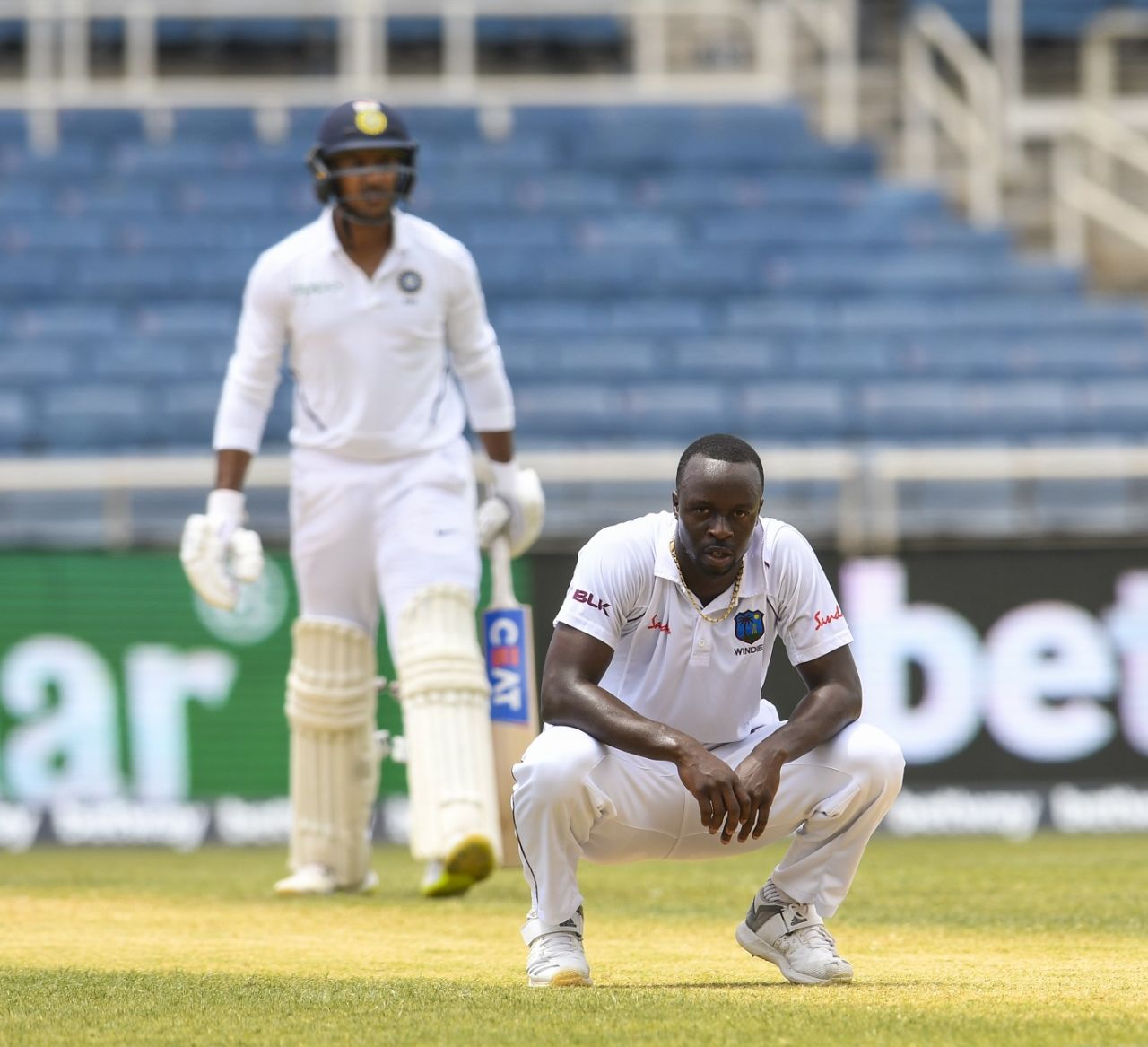 Kemar Roach reacts with relief after getting Mayank Agarwal out lbw, West Indies v India, 2nd Test, Kingston, September 1, 2019