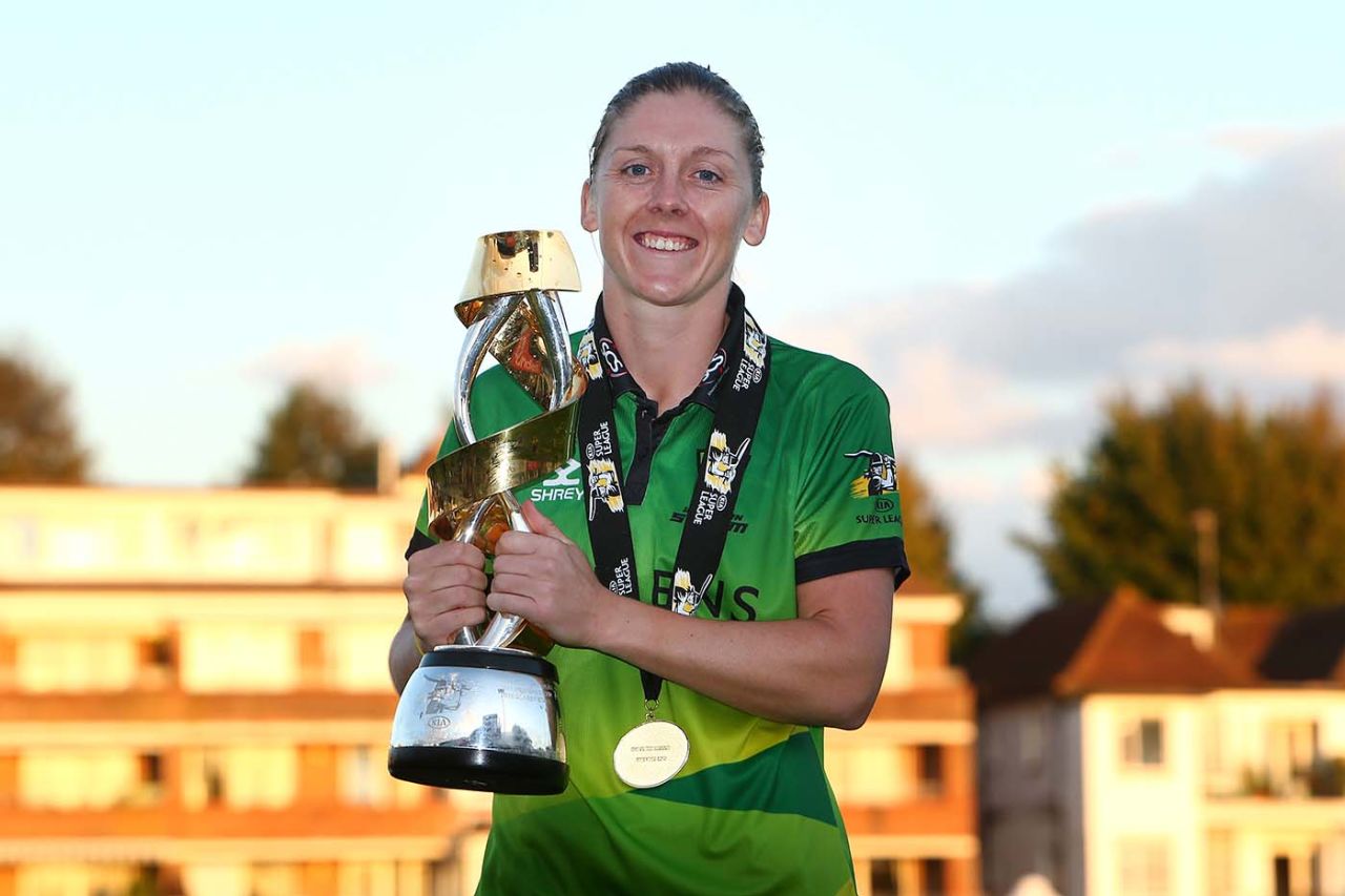 Heather Knight poses with the KSL 2019 trophy, Western Storm v Southern Vipers, KSL final, Hove, September 1, 2019