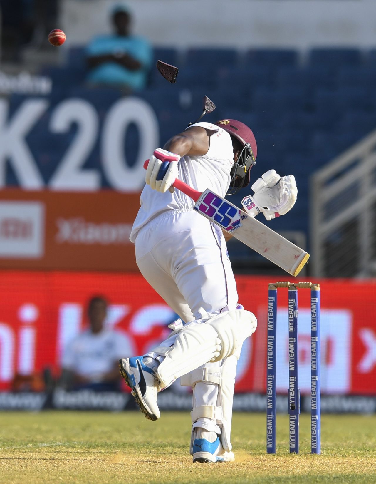 Darren Bravo cops a blow to the side of the helmet off a Jasprit Bumrah bouncer, West Indies v India, 2nd Test, Kingston, 3rd day, September 1, 2019
