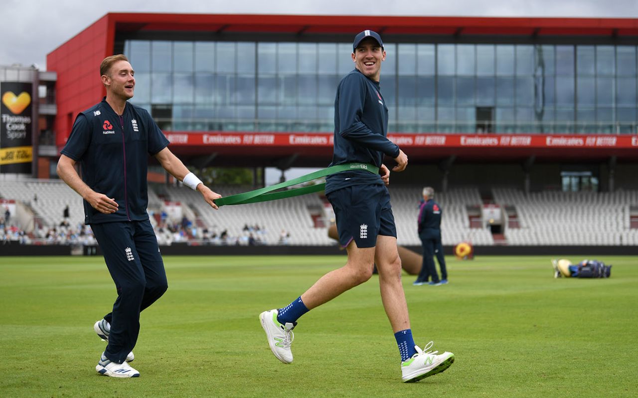 Craig Overton warms up with Stuart Broad during a net session at Old Trafford, Manchester, September 2, 2019