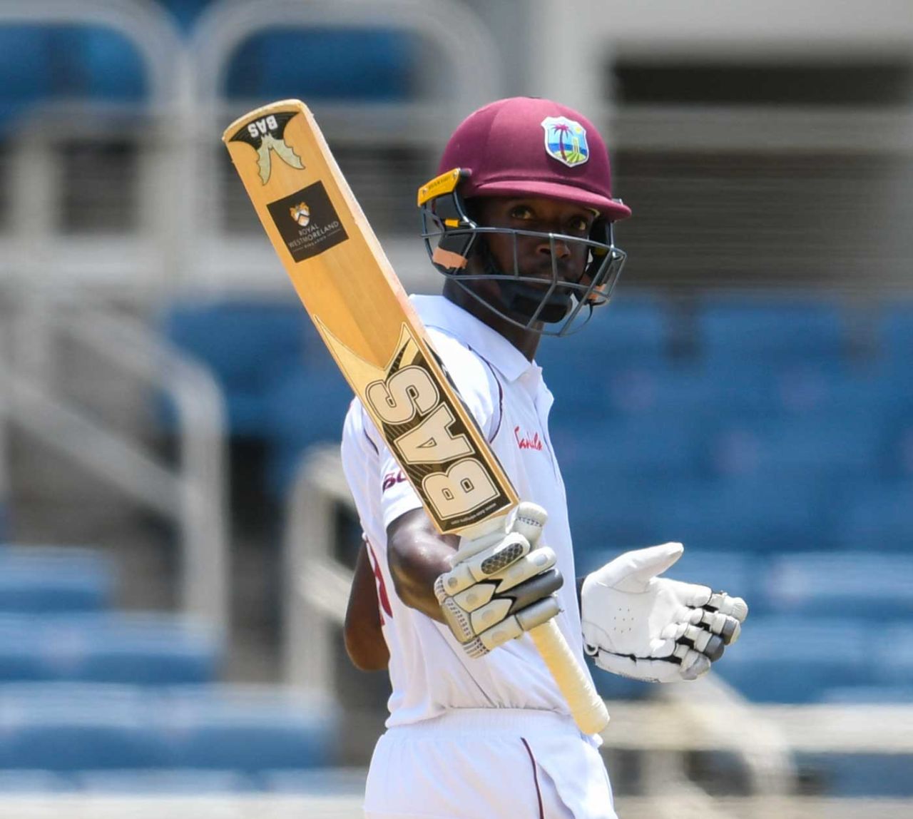 Shamarh Brooks raises his bat after getting to fifty, West Indies v India, 2nd Test, Kingston, 4th day, September 2, 2019