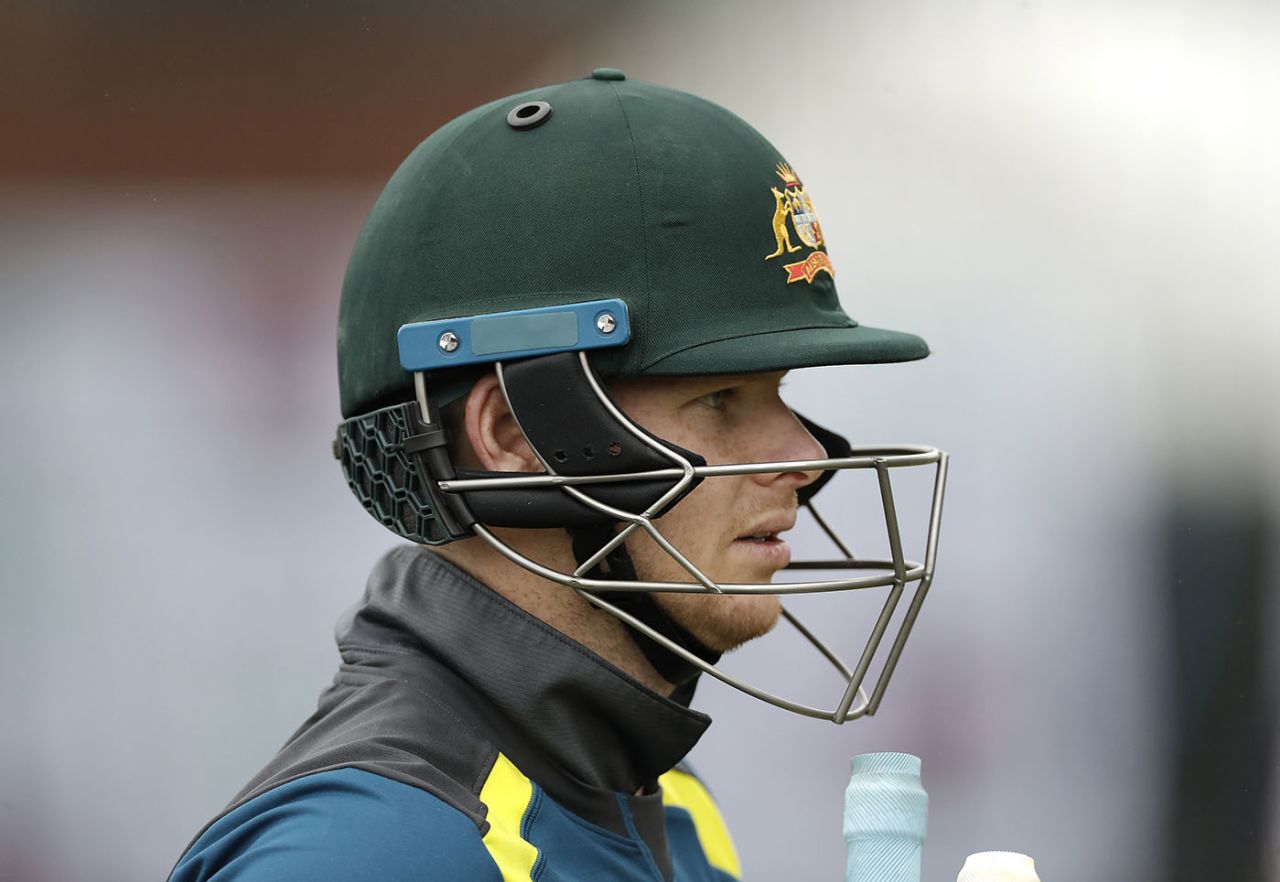 Steven Smith - wearing stem guards on his helmet - prepares for a net ahead of the Old Trafford Test, England v Australia, 4th Test, The Ashes, Old Trafford, September 3, 2019