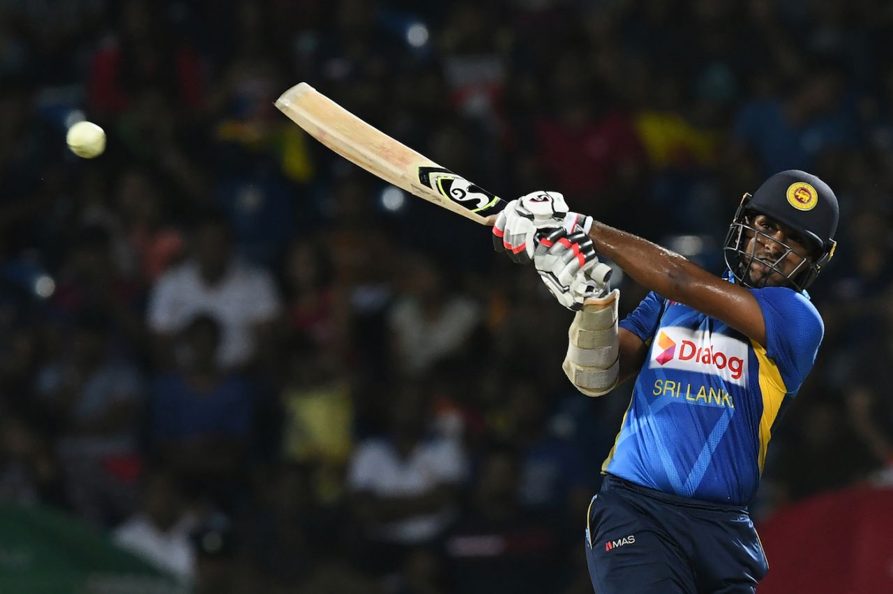 Shehan Jayasuriya smashes the ball into the leg side, Sri Lanka v New Zealand, 2nd T20I, Pallekele, September 3, 2019