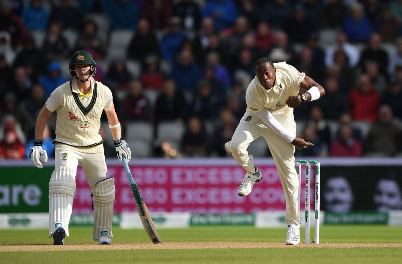 Steve Smith looks on as Jofra Archer bowls, England v Australia, Fourth Test, Day One, Manchester, September 4, 2019