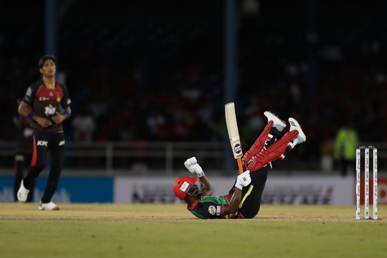 Evin Lewis is floored by Mohammad Hasnain, Trinbago Knight Riders v St Kitts & Nevis Patriots, Caribbean Premier League, Port-of-Spain, September 4, 2019