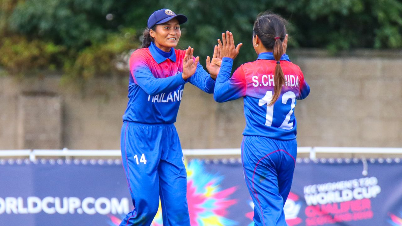 Thailand's Soraya Lateh high fives Chanida Sutthiruang for taking another wicket, Papua New Guinea Women v Thailand Women, Women's T20 World Cup Qualifier semi-final, Dundee, September 5, 2019