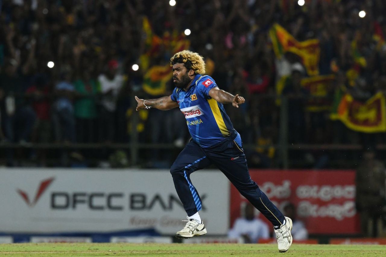 Lasith Malinga takes off in celebration after his hat-trick, Sri Lanka v New Zealand, 3rd T20I, Pallekele, September 6, 2019