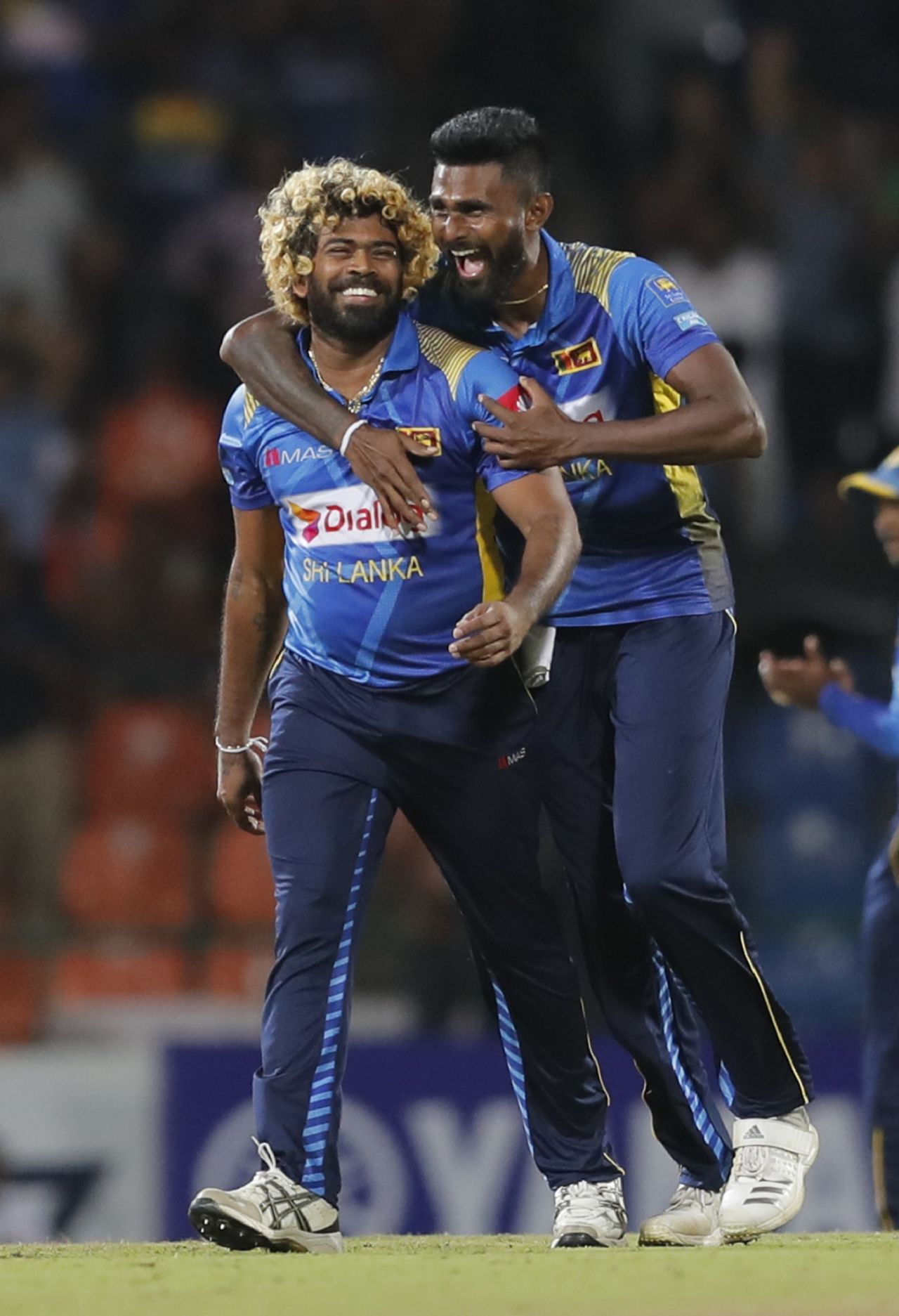 Lasith Malinga and Isuru Udana celebrate, Sri Lanka v New Zealand, 3rd T20I, Pallekele, September 6, 2019