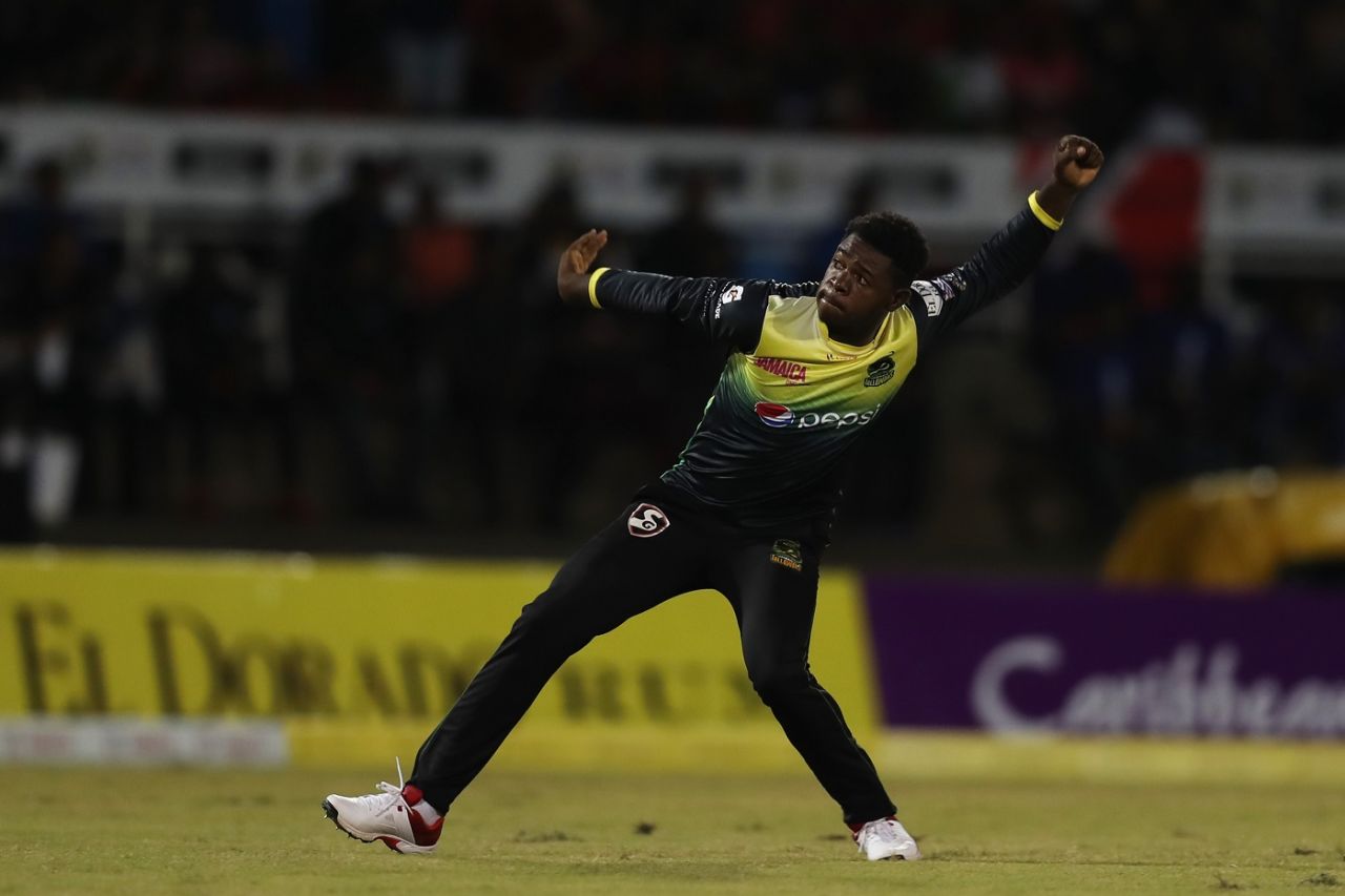Christopher Lamont wheels away in celebration, Trinbago Knight Riders v Jamaica Tallawahs, CPL 2019, Port-of-Spain, September 6, 2019
