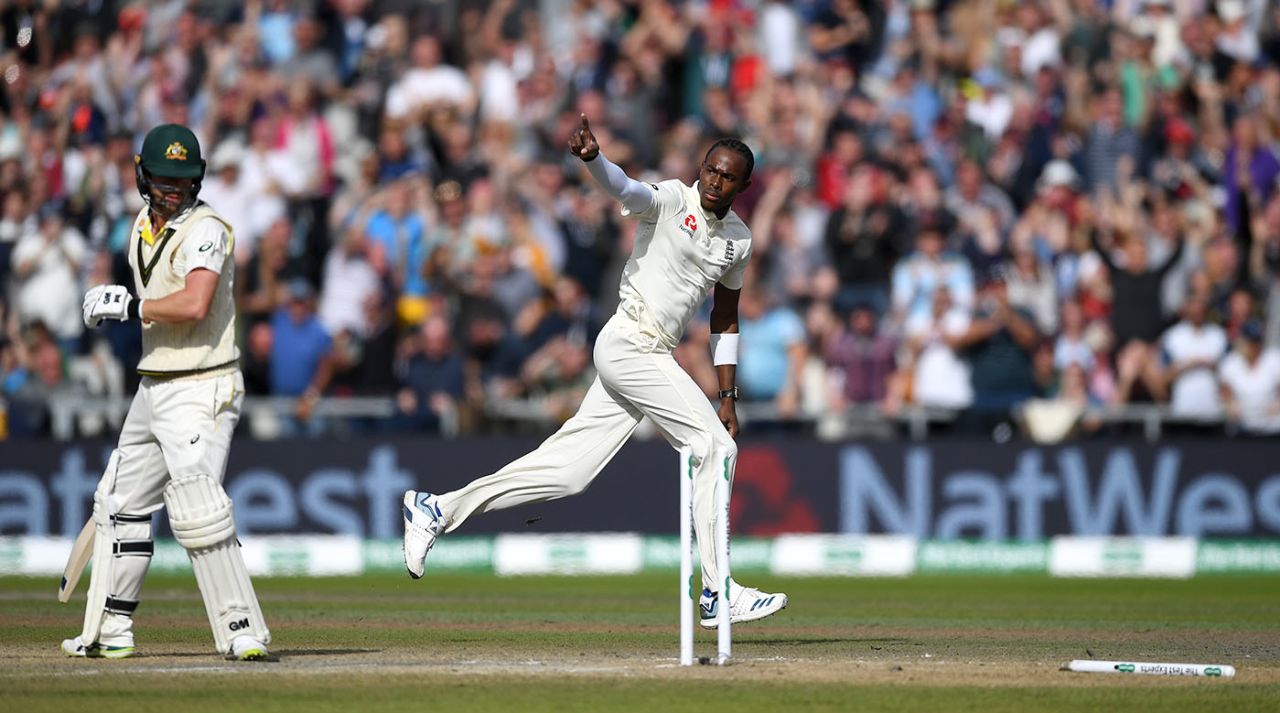 Jofra Archer of England celebrates dismissing Travis Head, England v Australia, 4th Test, Day 4, Manchester, September 7, 2019