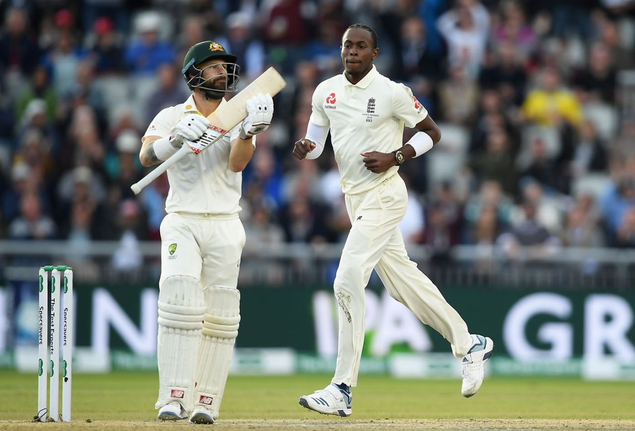 MANCHESTER, ENGLAND - SEPTEMBER 07: Jofra Archer celebrates taking the wicket of Matthew Wade, England v Australia, 4th Test, Day 4, Manchester, September 7, 2019
