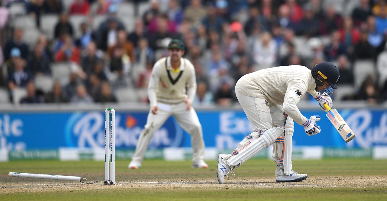 Jason Roy lost his off stump to Pat Cummins, England v Australia, 4th Ashes Test, Old Trafford, Manchester, Day 5, September 8, 2019