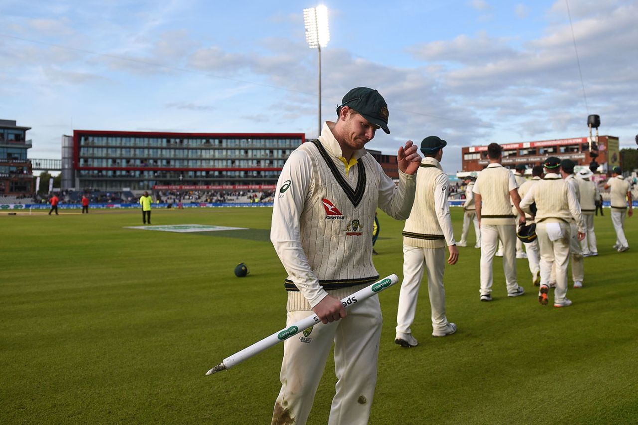 Steve Smith, holding a souvenir stump, celebrates victory, England v Australia, 4th Ashes Test, Old Trafford, Manchester, Day 5, September 8, 2019