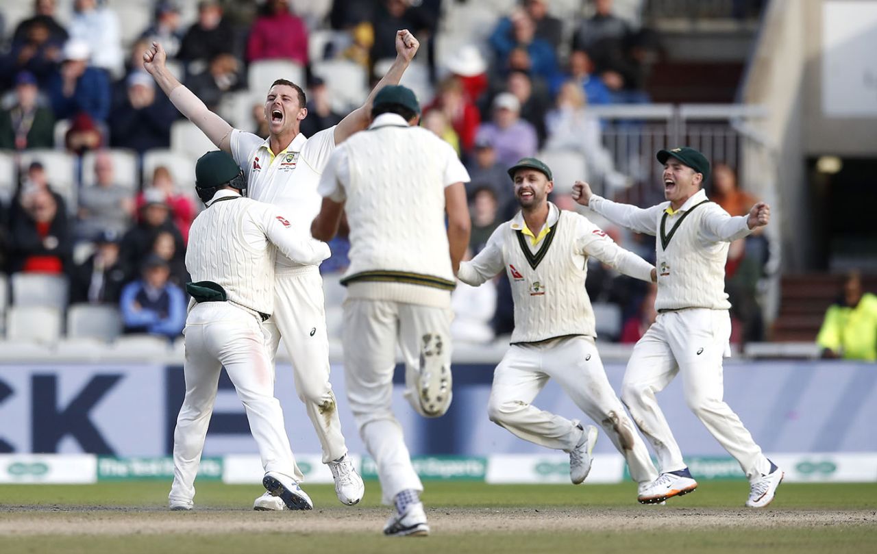 Josh Hazlewood celebrates the wicket of Craig Overton, which sealed victory, England v Australia, 4th Ashes Test, Old Trafford, Manchester, Day 5, September 8, 2019