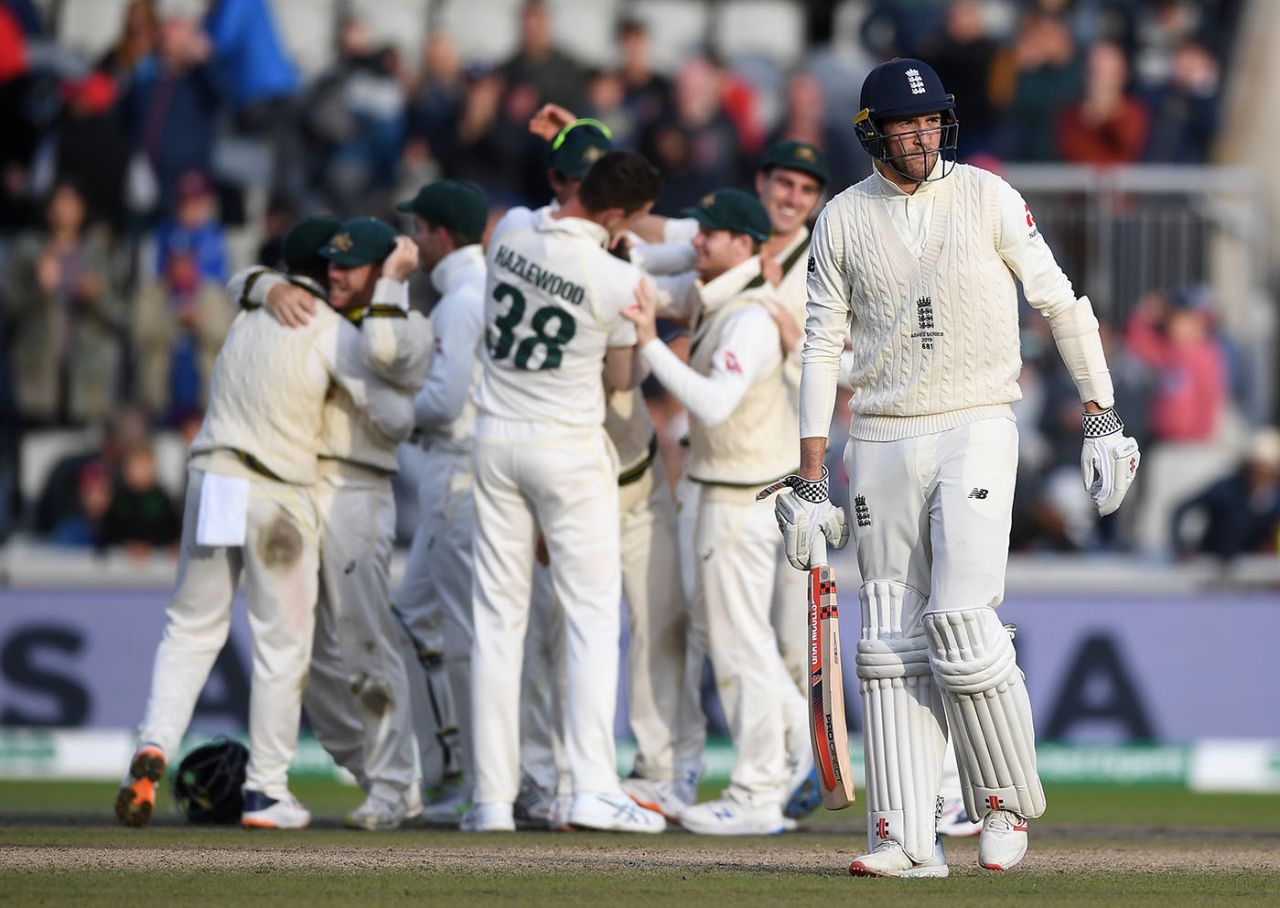 Craig Overton reacts after being dismissed by Josh Hazlewood, England v Australia, 4th Ashes Test, Old Trafford, Manchester, Day 5, September 8, 2019
