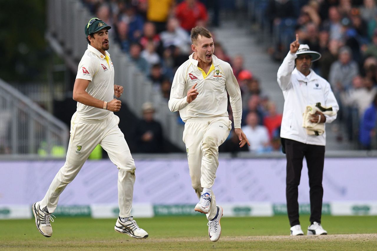 Marnus Labuschagne takes the wicket of Jack Leach, England v Australia, 4th Ashes Test, Old Trafford, Manchester, Day 5, September 8, 2019