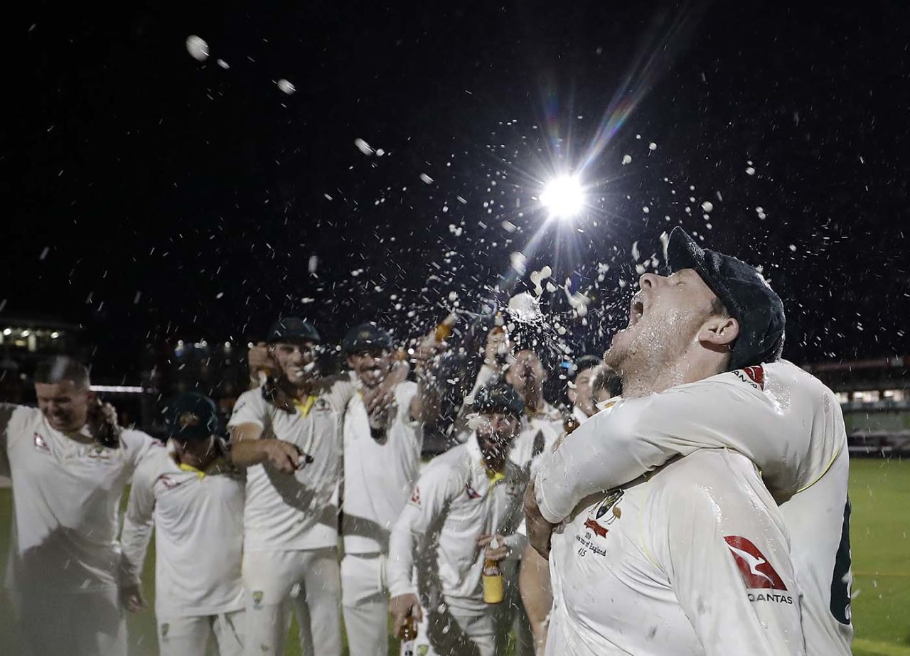 Steven Smith celebrates Australia's Ashes win with his team-mates, England v Australia, The Ashes, 4th Test, Old Trafford, September 8, 2019