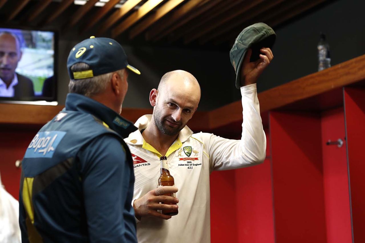 Nathan Lyon doffs his hat as Steve Waugh looks on, England v Australia, The Ashes, 4th Test, Old Trafford, September 8, 2019