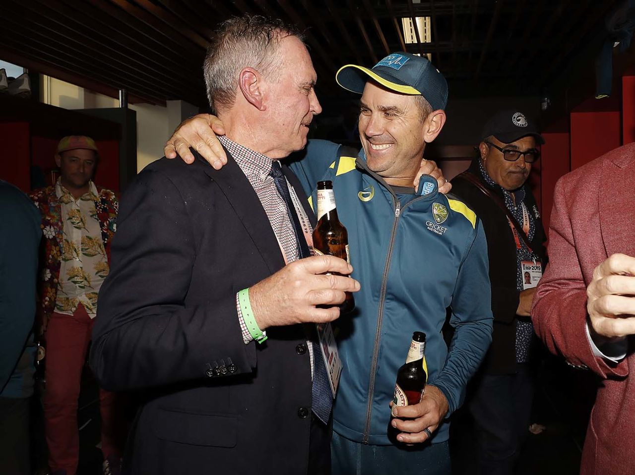 Justin Langer and Trevor Hohns, the Australia chairman of selectors, share a light moment, England v Australia, The Ashes, 4th Test, Old Trafford, September 8, 2019