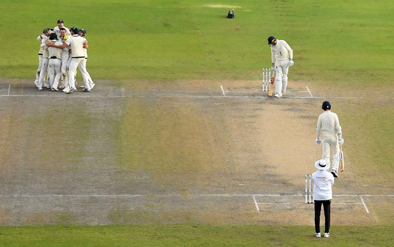 The Australia players celebrate Craig Overton's wicket, England v Australia, The Ashes, 4th Test, Old Trafford, September 8, 2019