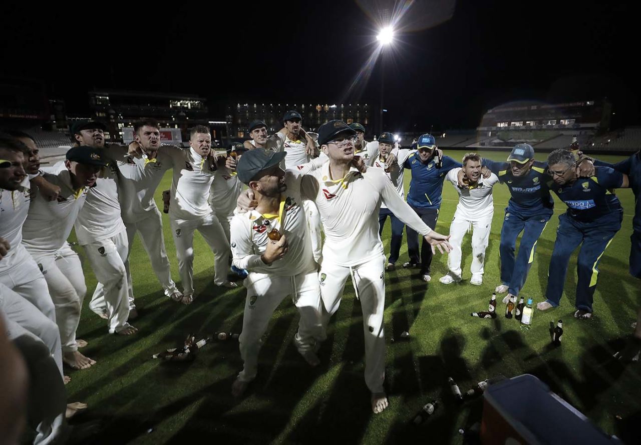 Smith sports the glasses: Steven Smith and Nathan Lyon take centre stage as the Australians celebrate, England v Australia, The Ashes, 4th Test, Old Trafford, September 8, 2019